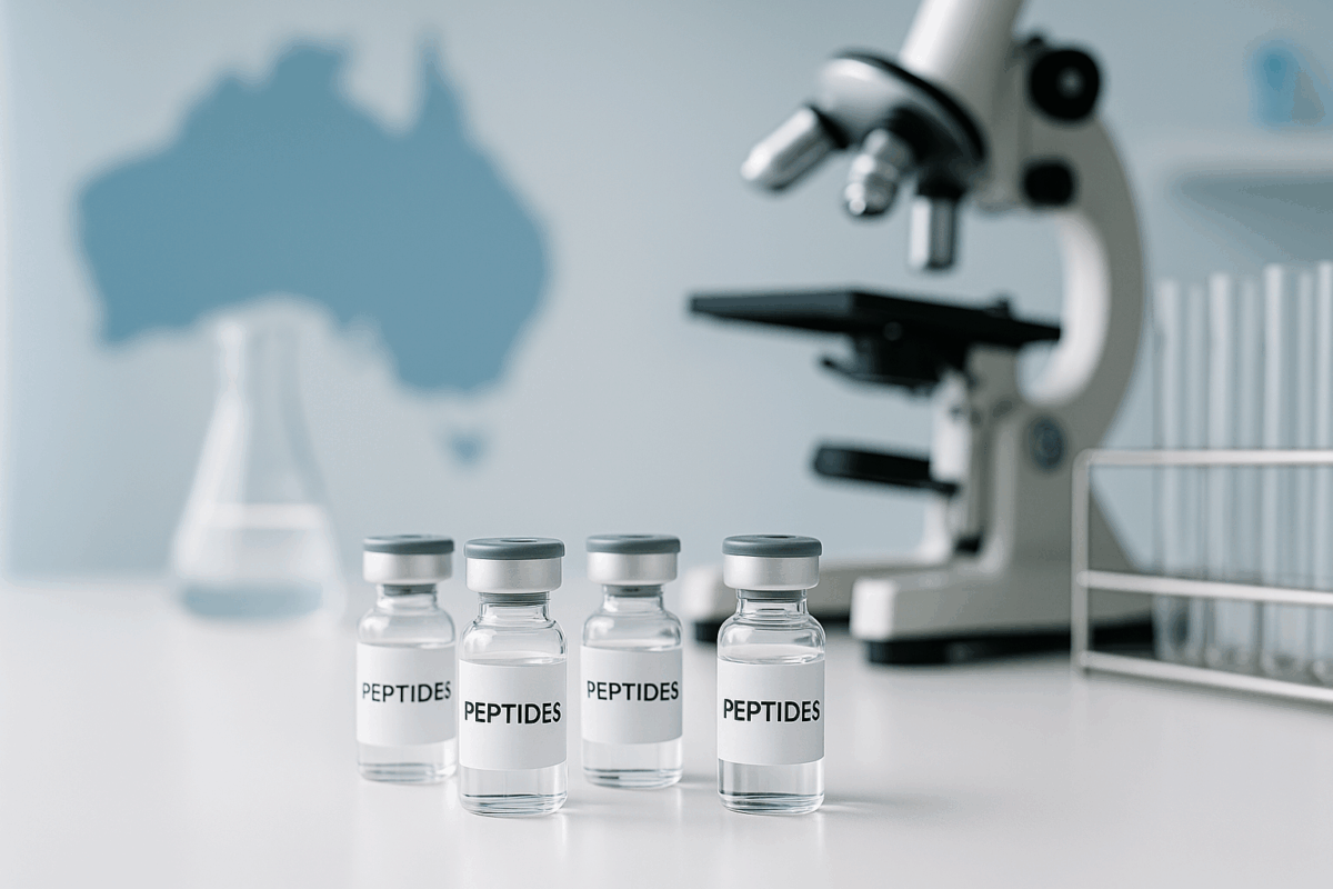 High purity peptide vials on a clean laboratory bench representing peptide research in Australia