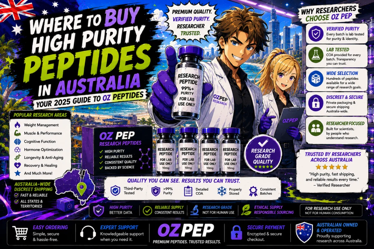 High purity peptide vials on a clean laboratory bench representing peptide research in Australia