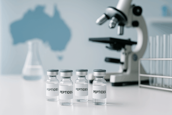 High purity peptide vials on a clean laboratory bench representing peptide research in Australia
