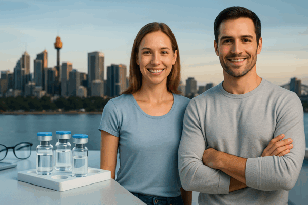 Healthy man and woman with Australian city skyline and peptide vials, representing where to buy peptides in Australia safely in 2025