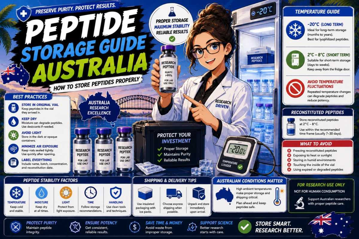 Peptide storage guide Australia showing proper peptide refrigeration and handling practices