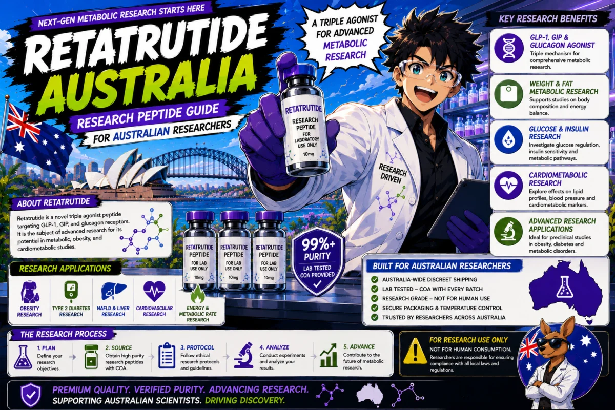 Retatrutide Australia research peptides by OzPep with peptide vial, Australian branding, and local shipping promotion